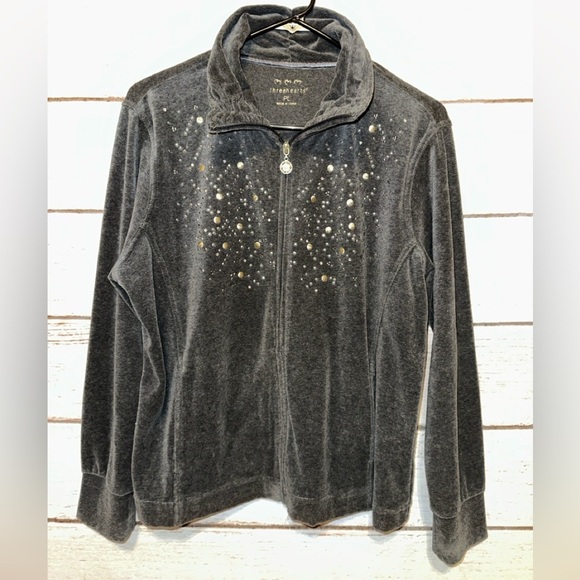 Gray Velour Jacket with Metal Embellishments Size PL  Office  Casual Wear Soft - Picture 1 of 5